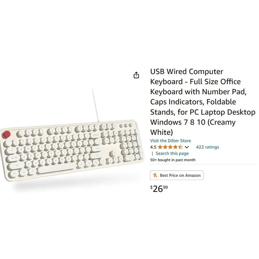 USB Wired Keyboard, white, raised buttons